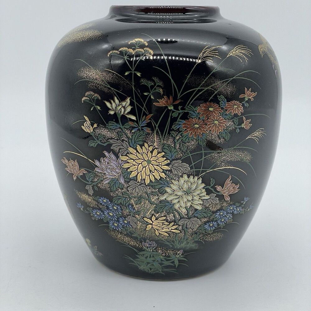 Japanese Kutani Porcelain Flower Vase Kabin VTG Floral Plum Bird Blossom Ikebana